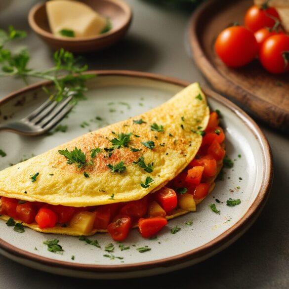 Omelette mit Paprika und Tomaten: fluffig in 18 Minuten Goldgelbes, fluffiges Omelette mit Paprika und Tomaten auf einem Teller, garniert mit frischer Petersilie
