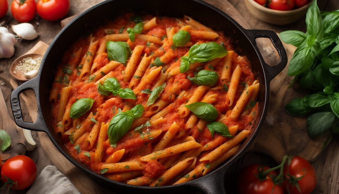 One-Pot-Pasta mit Tomaten und frischem Basilikum in einem großen Topf auf einem Holztisch