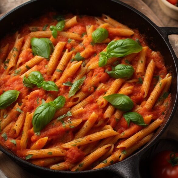 One-Pot-Gerichte: 5 schnelle Rezepte aus einem Topf One-Pot-Pasta mit Tomaten und frischem Basilikum in einem großen Topf auf einem Holztisch