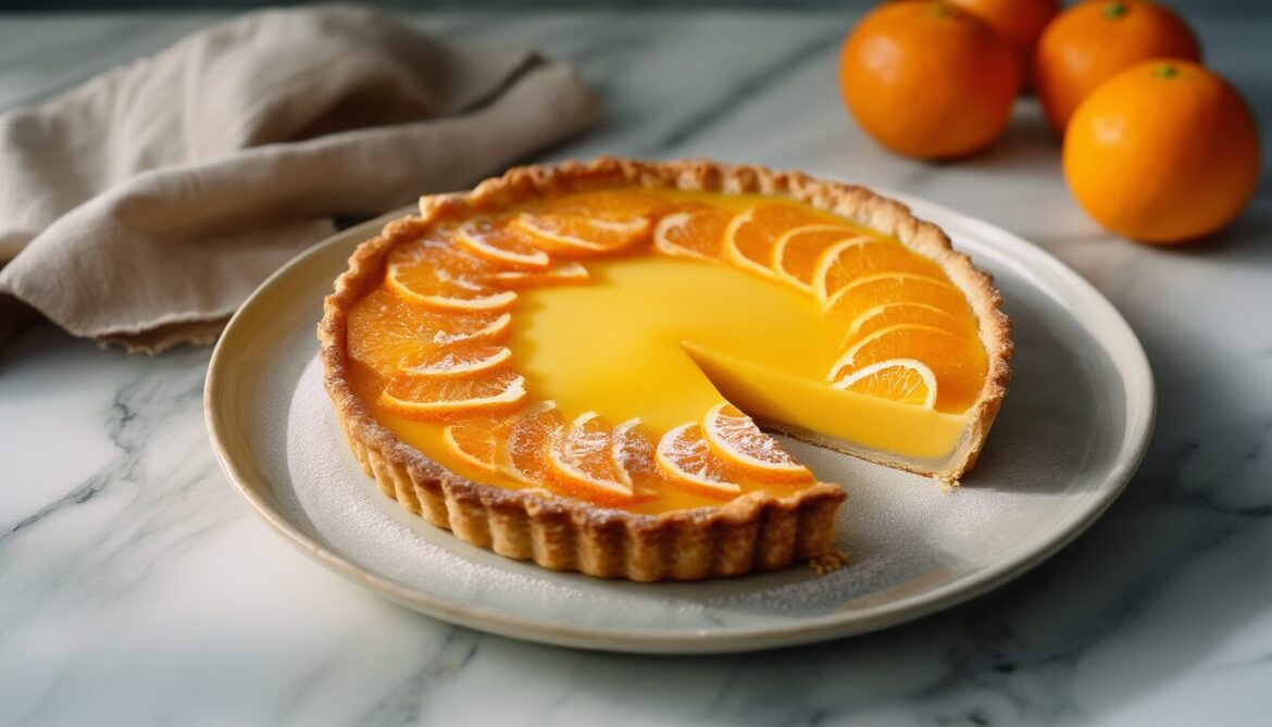 Angeschnittene Orangen Tarte mit cremiger Orangenfüllung, Orangenfilets und Puderzucker auf hellem Teller