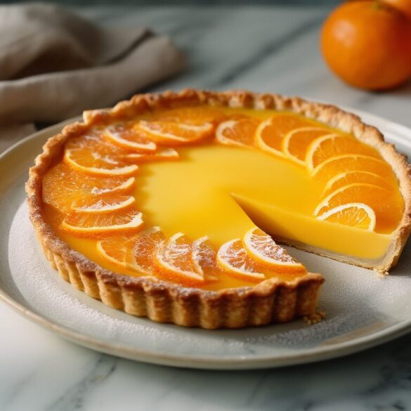 Orangen Tarte: cremig, fruchtig und ohne matschigen Boden Angeschnittene Orangen Tarte mit cremiger Orangenfüllung, Orangenfilets und Puderzucker auf hellem Teller