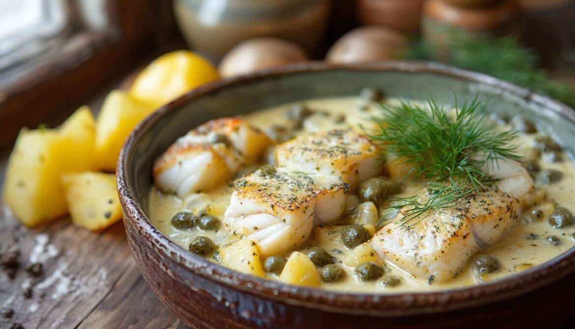 Cremiges Fischfrikassee mit Kapernsauce, Dill und Mecklenburger Kartoffeln in einer Schale