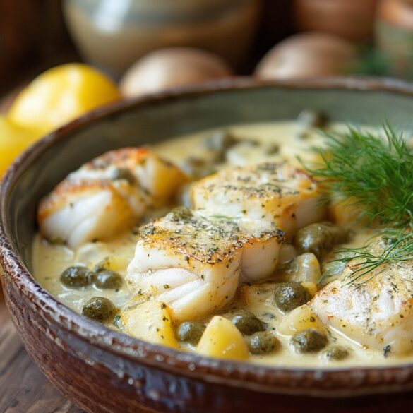 Ostdeutscher Fischfrikassee mit Mecklenburger Kartoffeln Cremiges Fischfrikassee mit Kapernsauce, Dill und Mecklenburger Kartoffeln in einer Schale