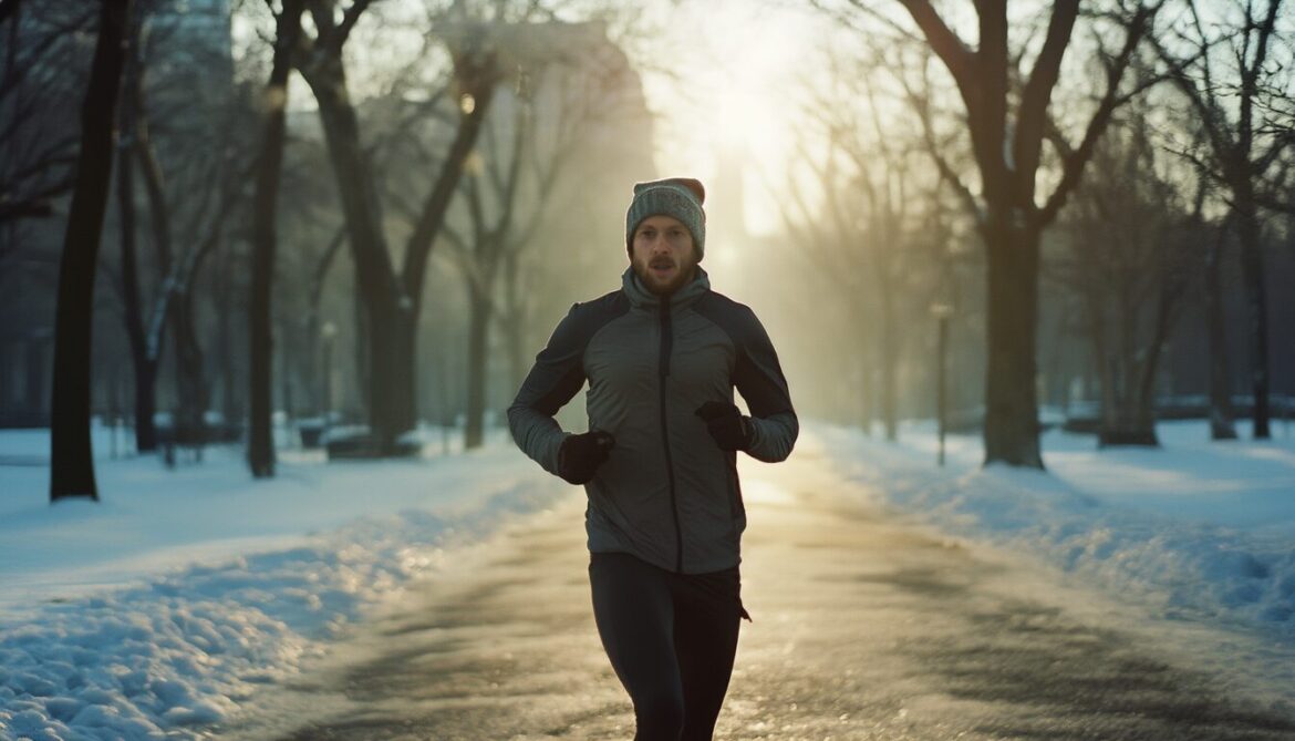 Läuferin in Funktionskleidung beim Outdoor-Training im Winter auf einem verschneiten Parkweg, Atem in der kalten Luft sichtbar