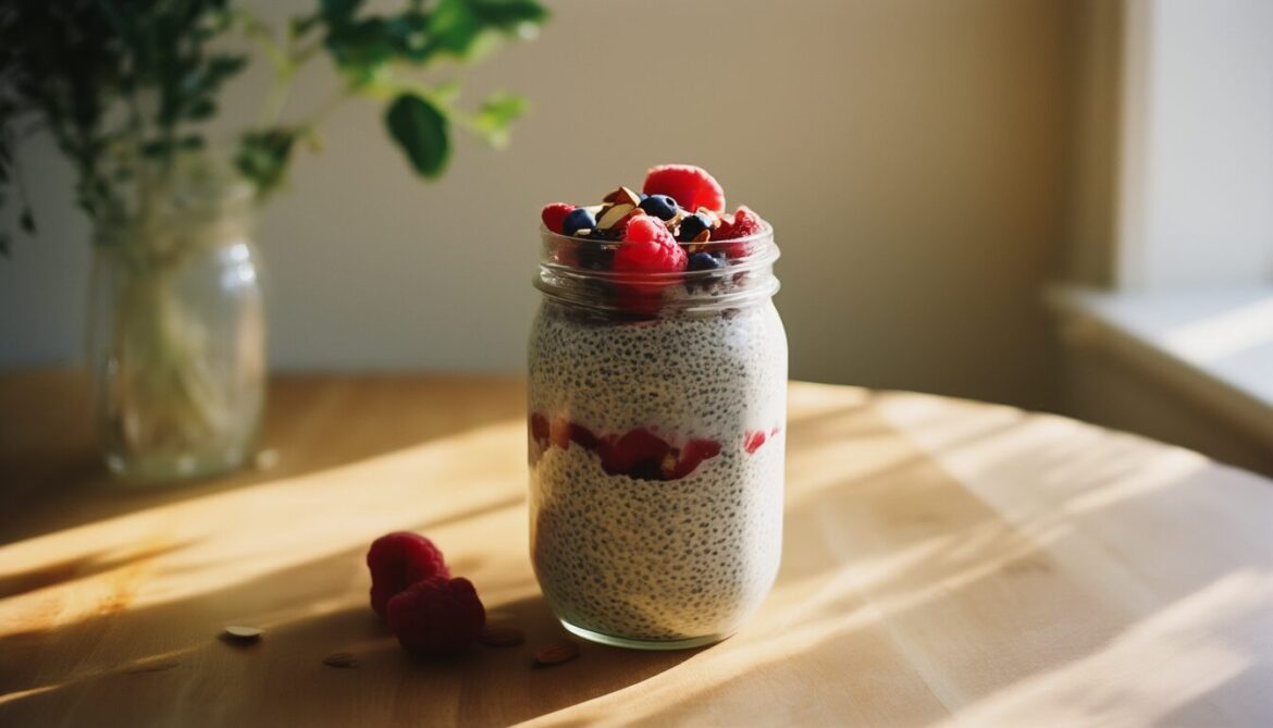 Overnight Chia Pudding im Glas mit frischen Beeren und Mandeln auf einem Holztisch
