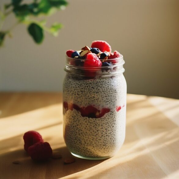 Overnight Chia Pudding: einfaches Grundrezept für cremiges Frühstück Overnight Chia Pudding im Glas mit frischen Beeren und Mandeln auf einem Holztisch