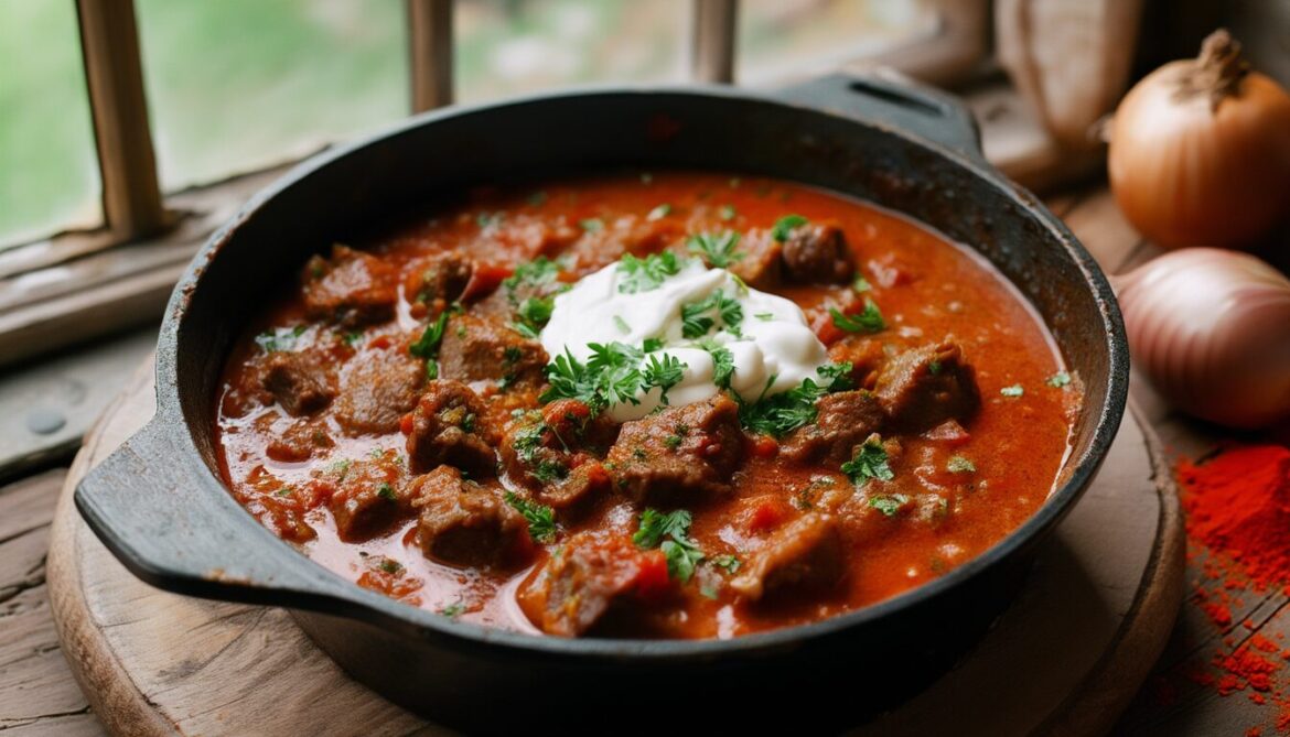 Dampfender Topf mit rotem ungarischem Paprika Gulasch, zarte Rindfleischwürfel in würziger Paprikasauce, garniert mit Petersilie