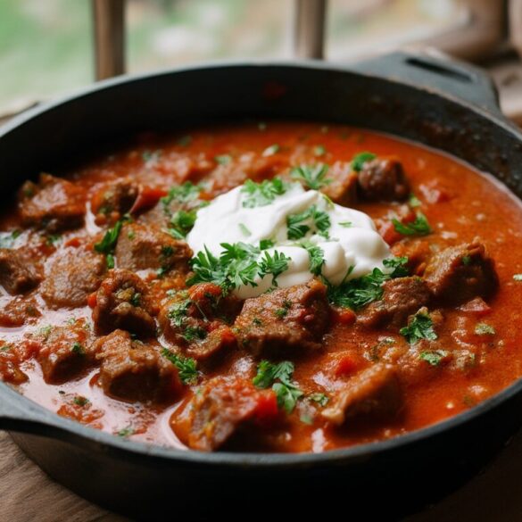 Paprika Gulasch – authentisch ungarisch, zart und sämig Dampfender Topf mit rotem ungarischem Paprika Gulasch, zarte Rindfleischwürfel in würziger Paprikasauce, garniert mit Petersilie