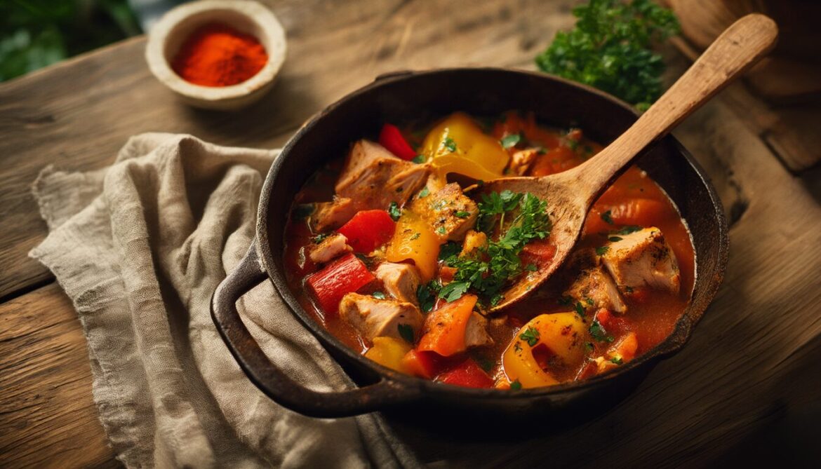 Paprika-Puten-Eintopf mit roter und gelber Paprika in einem rustikalen Topf, garniert mit Petersilie