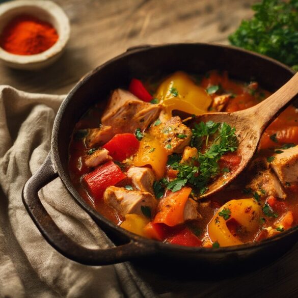 Paprika-Puten-Eintopf – proteinreich in einem Topf Paprika-Puten-Eintopf mit roter und gelber Paprika in einem rustikalen Topf, garniert mit Petersilie