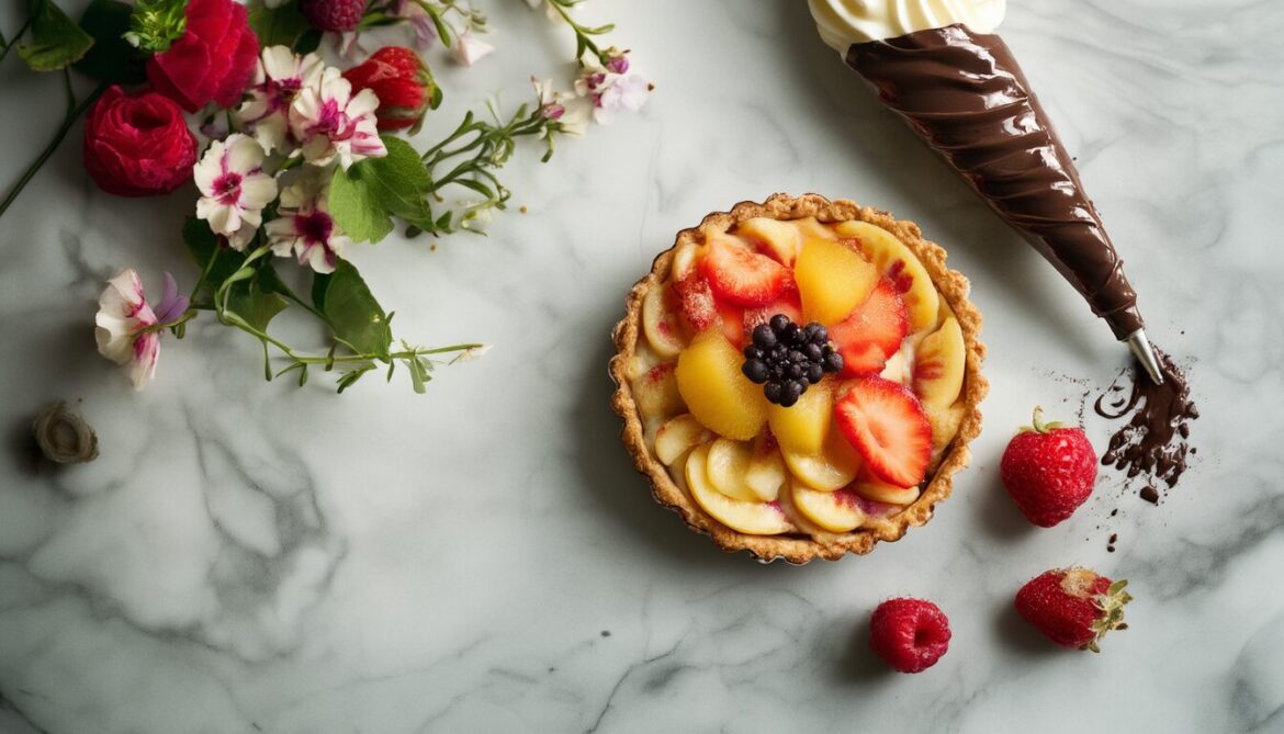 Französische Patisserie auf Marmor: Obsttörtchen, Konditorcreme im Spritzbeutel und temperierte Schokolade