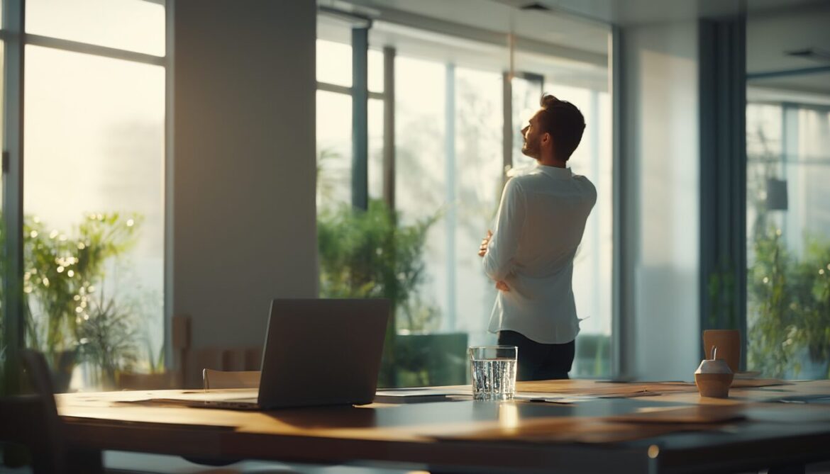 Büroangestellte macht am Fenster eine kurze Pause und streckt sich zur Erholung
