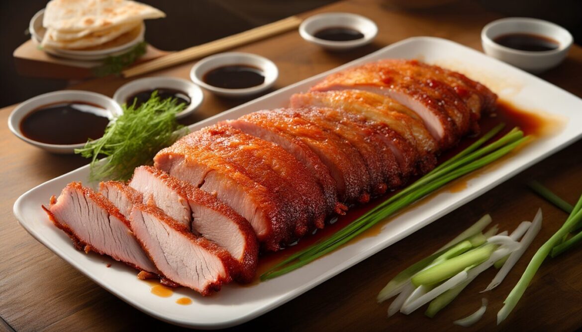 Aufgeschnittene Peking-Ente mit knuspriger goldbrauner Haut auf einer Platte, dazu dünne Pfannkuchen, Hoisin-Sauce, Frühlingszwiebeln und Gurke