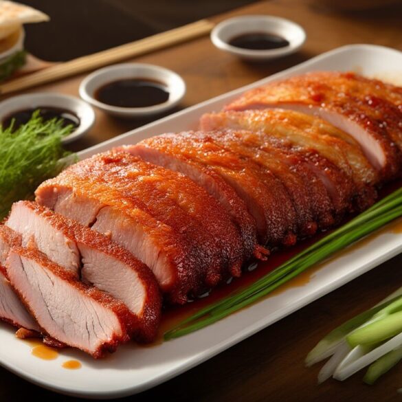 Peking-Ente Rezept: knusprig und saftig aus dem Ofen Aufgeschnittene Peking-Ente mit knuspriger goldbrauner Haut auf einer Platte, dazu dünne Pfannkuchen, Hoisin-Sauce, Frühlingszwiebeln und Gurke
