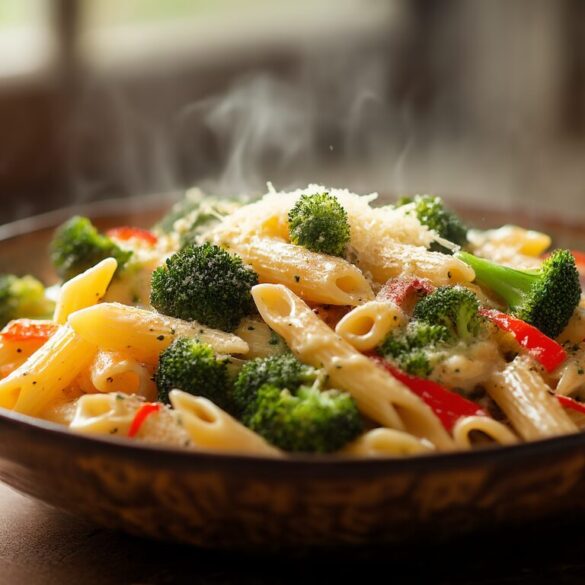 Penne mit Brokkoli und Paprika in Käse-Sahne-Soße Teller mit cremigen Penne, Brokkoliröschen und Paprikastreifen in Käse-Sahne-Soße