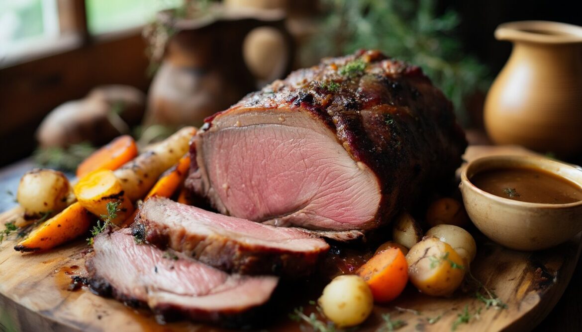Aufgeschnittener saftiger Braten mit rosa Kern auf einem Holzbrett, daneben Röstgemüse und Bratensoße