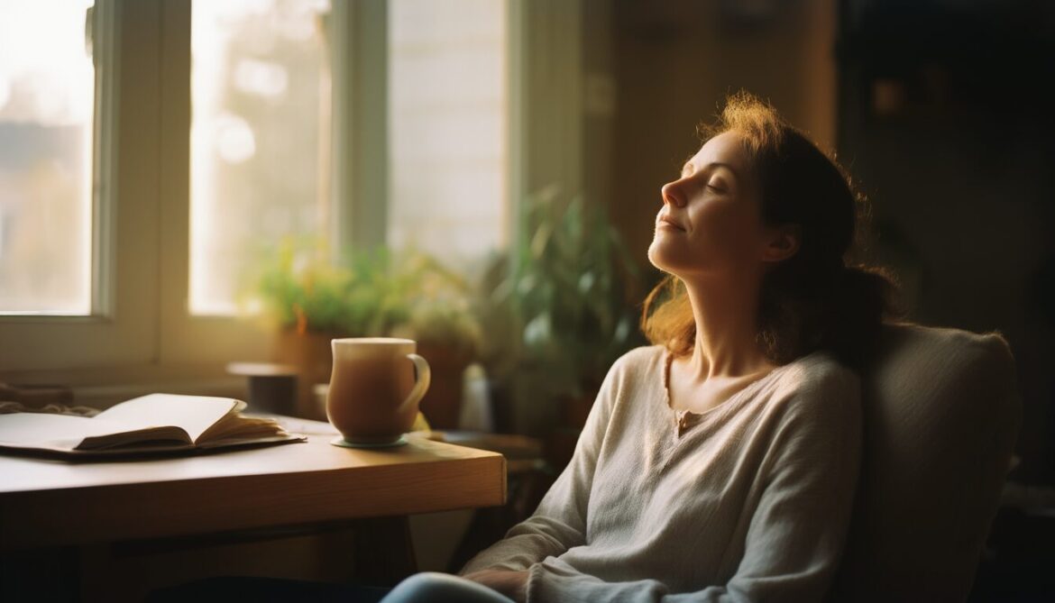 Entspannte Frau Mitte 30 atmet am sonnigen Fenster durch, im Hintergrund ein Schreibtisch mit Notizbuch und Tee als Sinnbild fürs Perfektionismus loslassen