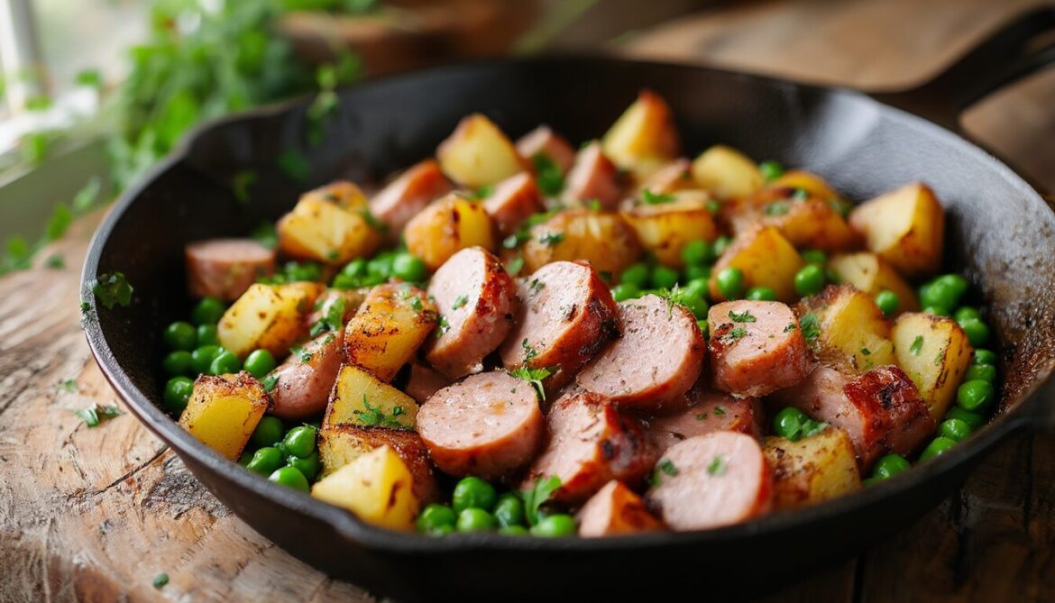 Pfälzer Saumagen mit Kartoffeln und Erbsen goldbraun in der Pfanne gebraten, bestreut mit Petersilie