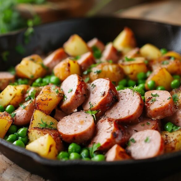 Pfälzer Saumagen mit Kartoffeln und Erbsen Pfälzer Saumagen mit Kartoffeln und Erbsen goldbraun in der Pfanne gebraten, bestreut mit Petersilie