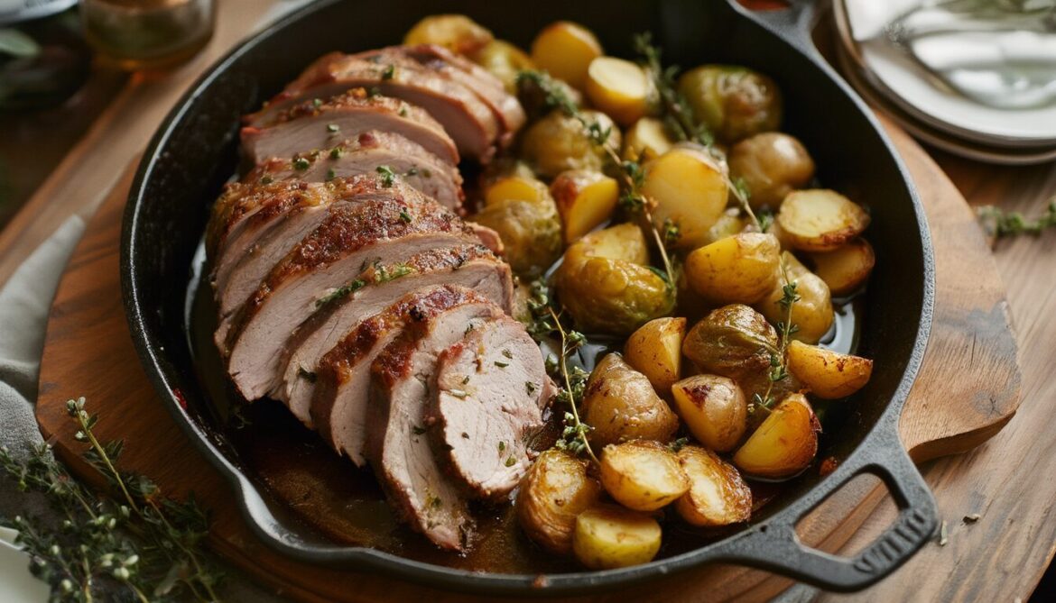 Aufgeschnittener pfälzischer Schweinebraten mit goldbraunen Kartoffeln und geröstetem Rosenkohl im Gusseisen-Bräter