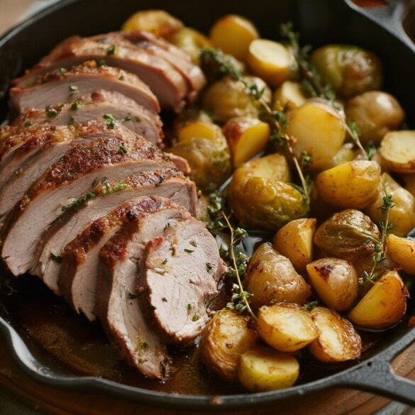 Pfälzischer Schweinebraten mit Kartoffeln und Rosenkohl Aufgeschnittener pfälzischer Schweinebraten mit goldbraunen Kartoffeln und geröstetem Rosenkohl im Gusseisen-Bräter