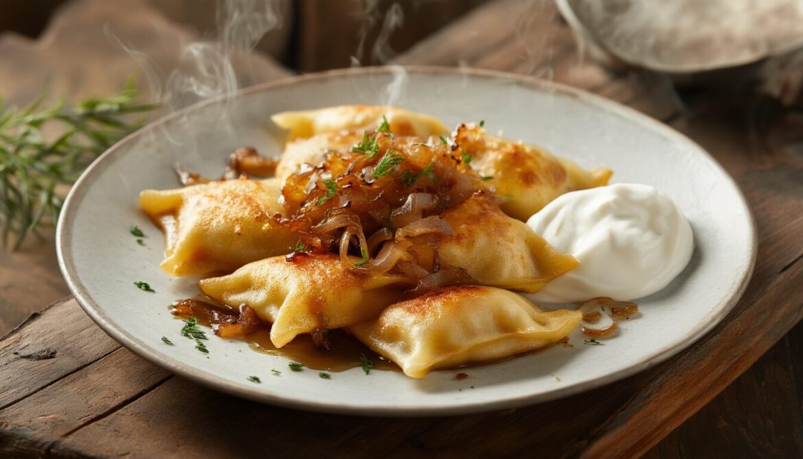 Selbstgemachte Piroggen mit Kartoffel-Käse-Füllung, in Butter angebraten und mit goldbraunen Zwiebeln serviert