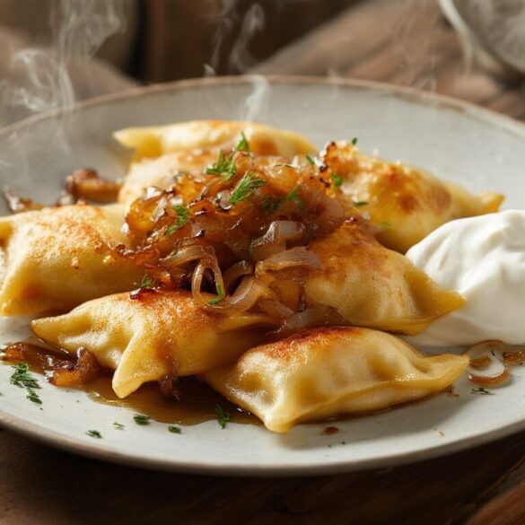 Piroggen selber machen: Rezept Schritt für Schritt Selbstgemachte Piroggen mit Kartoffel-Käse-Füllung, in Butter angebraten und mit goldbraunen Zwiebeln serviert