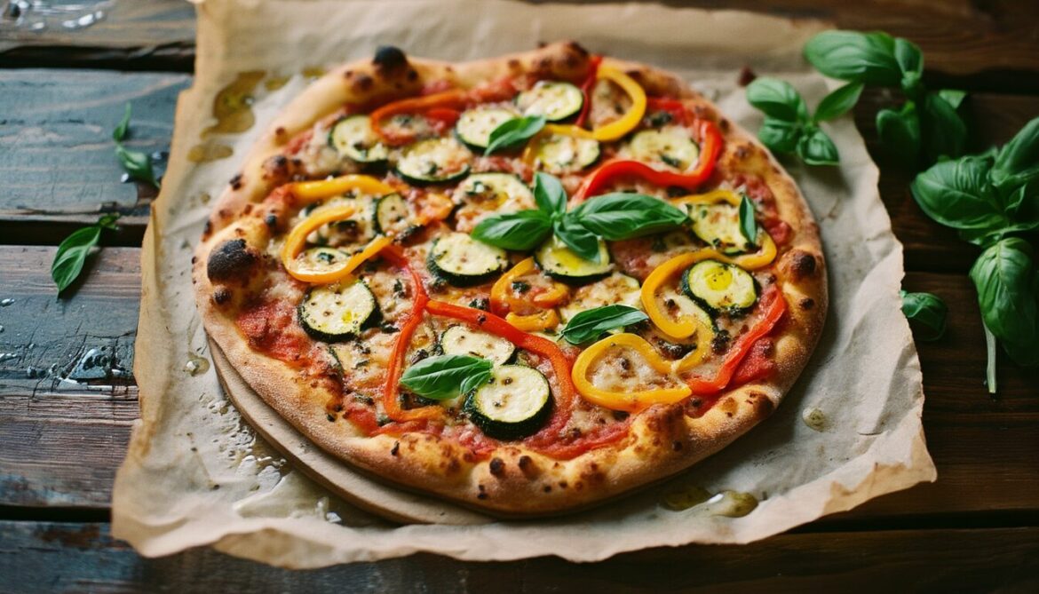 Selbst gemachte Pizza mit Zucchinischeiben, roter und gelber Paprika und geschmolzenem Käse auf Backpapier