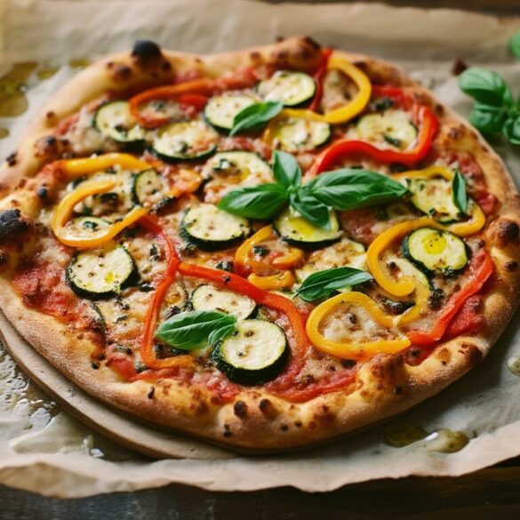 Pizza mit Zucchini und Paprika: knusprig selbst gemacht Selbst gemachte Pizza mit Zucchinischeiben, roter und gelber Paprika und geschmolzenem Käse auf Backpapier