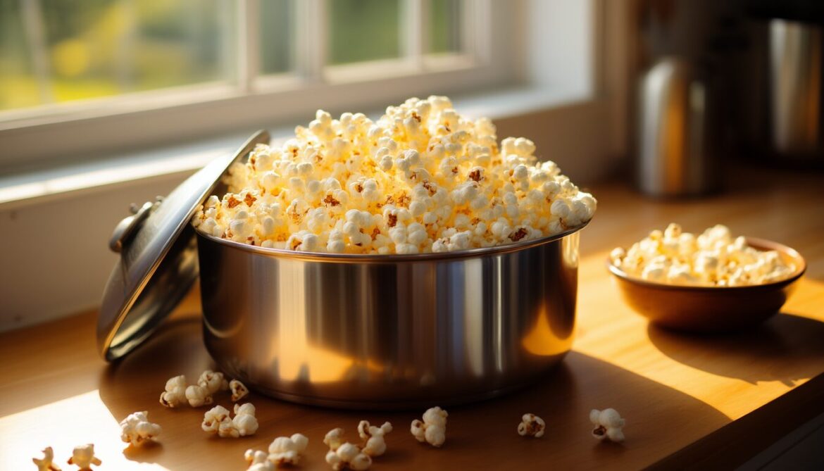Frisch gepopptes Popcorn quillt aus einem Edelstahltopf auf einer hellen Holzarbeitsplatte