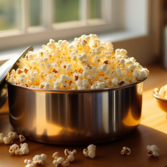 Popcorn im Topf: ohne Mikrowelle frisch gepoppt in 5 Minuten Frisch gepopptes Popcorn quillt aus einem Edelstahltopf auf einer hellen Holzarbeitsplatte
