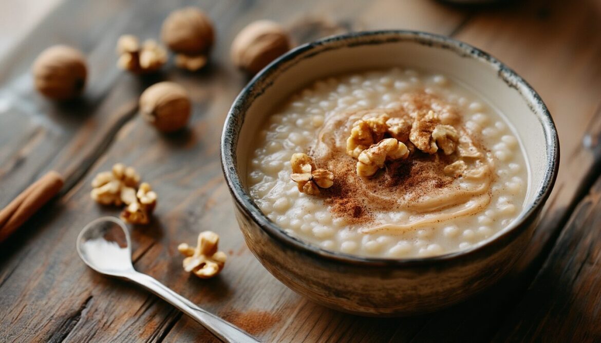 Schüssel cremiges Porridge mit Zimt, Erdnussbutter und gehackten Walnüssen auf einem Holztisch