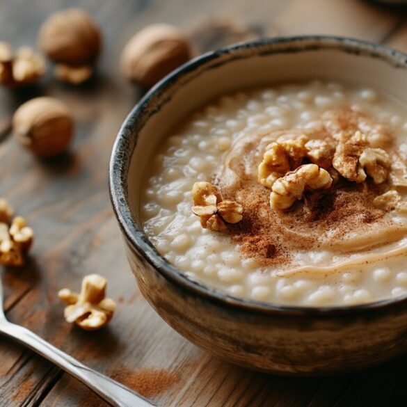 Porridge mit Zimt, Erdnussbutter und Walnüssen – cremig in 12 Minuten Schüssel cremiges Porridge mit Zimt, Erdnussbutter und gehackten Walnüssen auf einem Holztisch