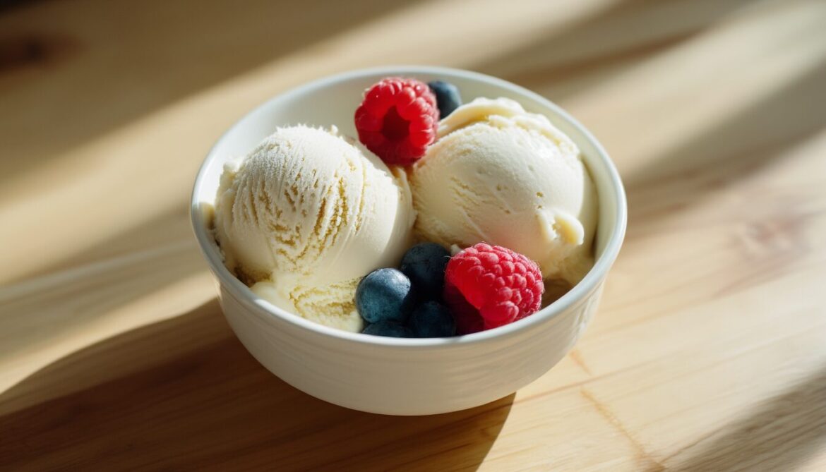 Zwei Kugeln cremiges Skyr-Proteineis mit frischen Beeren in einer hellen Schale auf einem Holztisch