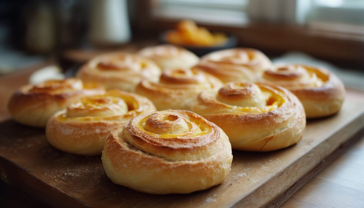 Frisch gebackene Puddingschnecken aus Hefeteig mit cremiger Vanillefüllung auf einem Holzbrett