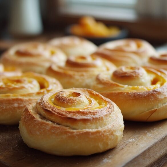 Puddingschnecken: einfaches Rezept mit Hefeteig Frisch gebackene Puddingschnecken aus Hefeteig mit cremiger Vanillefüllung auf einem Holzbrett