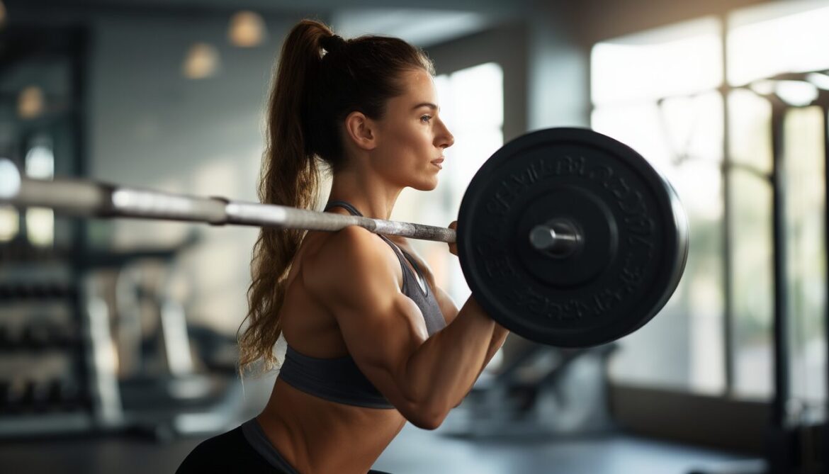 Frau atmet konzentriert beim Hochdrücken aus der Kniebeuge im Fitnessstudio aus