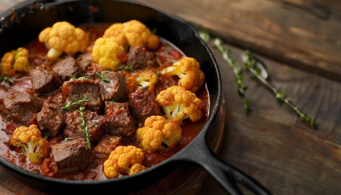 Herzhafter Rinder-Blumenkohl-Braten mit Tomaten-Thymian-Sauce in einer gusseisernen Pfanne