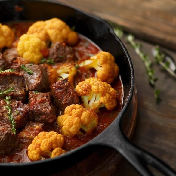 Rinder-Blumenkohl-Braten: herzhaft in 45 Minuten Herzhafter Rinder-Blumenkohl-Braten mit Tomaten-Thymian-Sauce in einer gusseisernen Pfanne