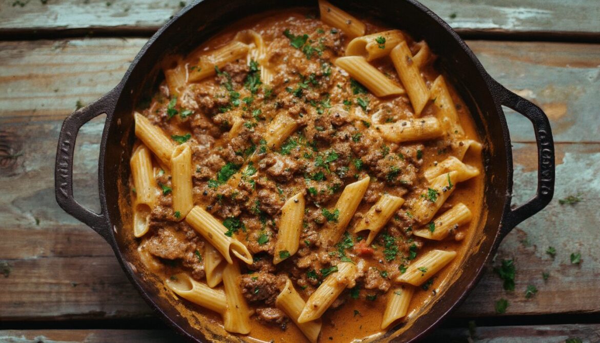 Cremige Rinder-Nudel-Pfeffer-Pfanne mit Hackfleisch, Penne und frischem Pfeffer in einer gusseisernen Pfanne