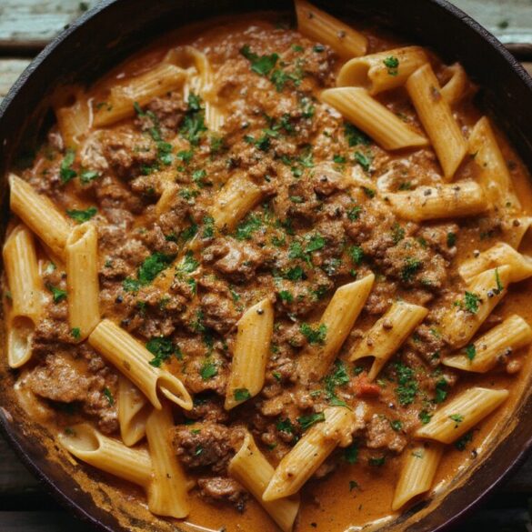 Cremige Rinder-Nudel-Pfeffer-Pfanne mit Hackfleisch, Penne und frischem Pfeffer in einer gusseisernen Pfanne