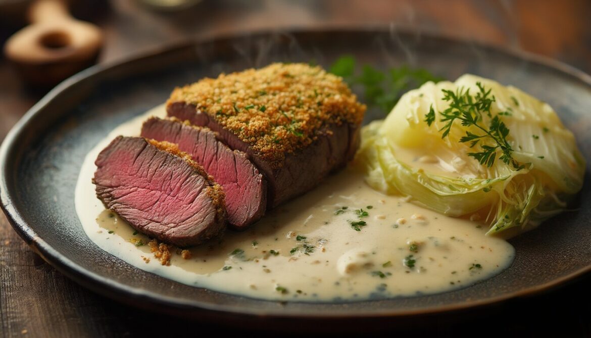 Aufgeschnittenes Rinderfilet in goldener Kräuterkruste mit rosa Kern, daneben cremiger Rahmwirsing und Salzkartoffeln