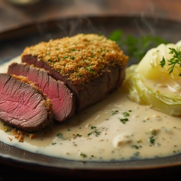 Rinderfilet in Kräuterkruste mit Rahmwirsing und Salzkartoffeln Aufgeschnittenes Rinderfilet in goldener Kräuterkruste mit rosa Kern, daneben cremiger Rahmwirsing und Salzkartoffeln