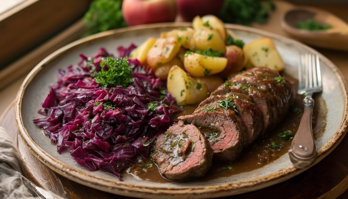 Aufgeschnittene Rinderrouladen im Senfkrönchen mit Apfelrotkohl und Petersilienkartoffeln auf einem Teller