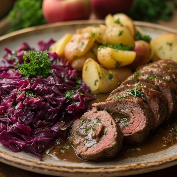 Rinderrouladen im Senfkrönchen mit Apfelrotkohl und Petersilienkartoffeln Aufgeschnittene Rinderrouladen im Senfkrönchen mit Apfelrotkohl und Petersilienkartoffeln auf einem Teller