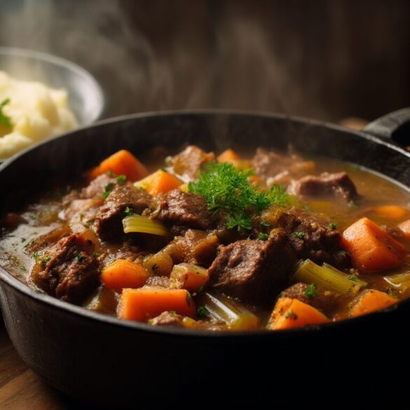 Rindfleisch-Gemüse-Schmortopf mit Kartoffelstampf Herzhafter Rindfleisch-Gemüse-Schmortopf mit cremigem Kartoffelstampf und frischer Petersilie