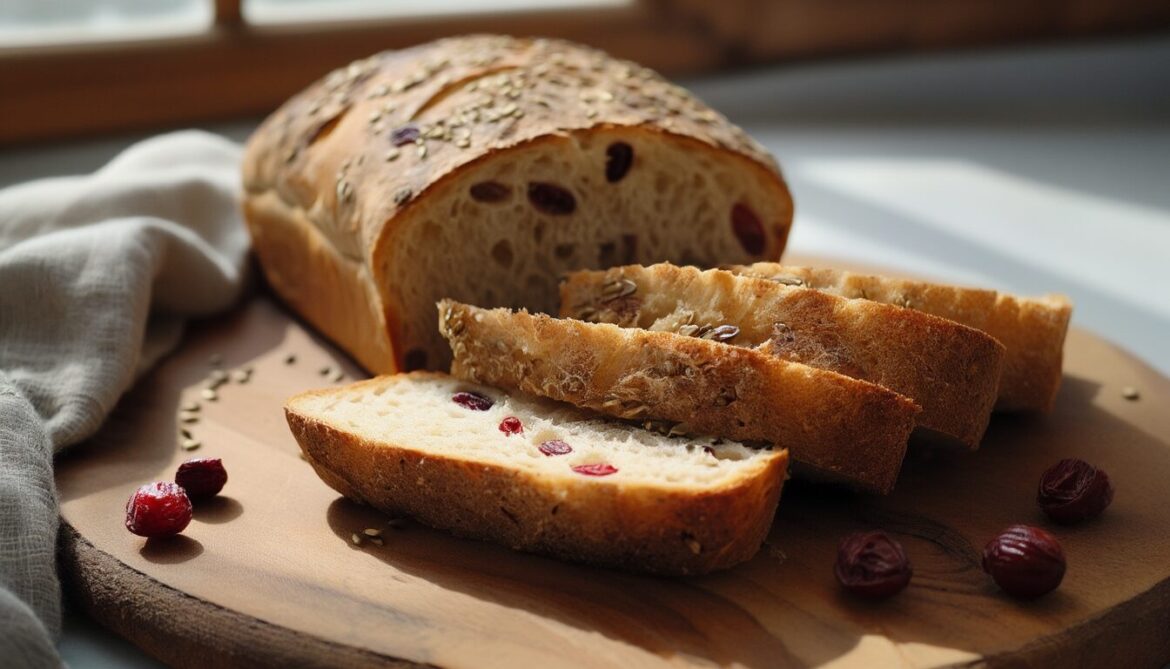 Angeschnittenes Roggenbrot mit Cranberries und Sonnenblumenkernen auf einem Holzbrett
