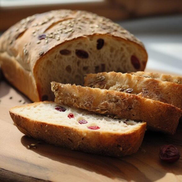 Roggenbrot mit Cranberries: saftig mit Hefe gebacken Angeschnittenes Roggenbrot mit Cranberries und Sonnenblumenkernen auf einem Holzbrett
