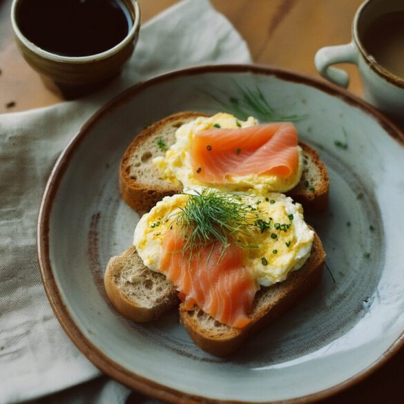 Roggenbrot mit Rührei und Lachs – Frühstück in 10 Minuten Roggenbrot mit cremigem Rührei und geräuchertem Lachs, garniert mit Schnittlauch und Dill, auf einem rustikalen Teller