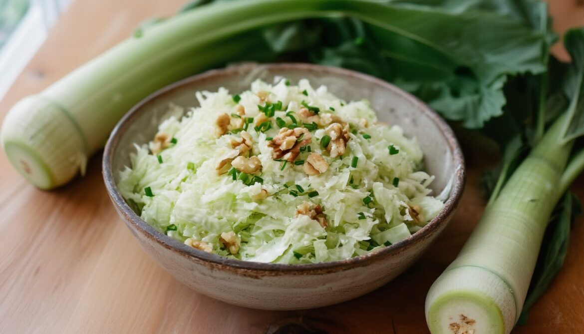 Schüssel mit rohem, geraspeltem Kohlrabi-Salat mit Joghurt-Dressing, Walnüssen und Schnittlauch